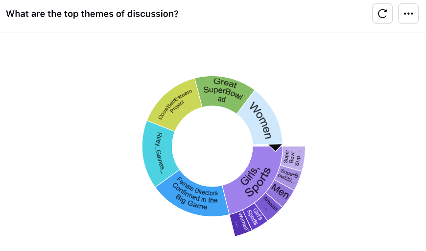 A circle graph states "What are the top themes of discussion?" and then shows the themes in different colors in the circle: Girls' Sports is renderd in purple, Female directors confirmed in the big game in bright blue, Riley_Gaines_ in teal, Dove Self-esteem project in puce, Great SuperBowl ad in green, and women in light blue.