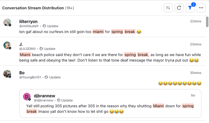 A screenshot of social media shows three users making negative comments about the city of Miami's choice to crack down on spring break activities. 