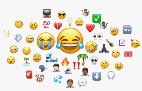 An emoji cloud displaying the most common emojis used to describe the city of Miami's efforts to crack down on spring break activities shows a large laugh-cry face, cry face, laugh face, and then an array of smaller emjois ranging from broken hearts and plam trees to many people smacking their faces.