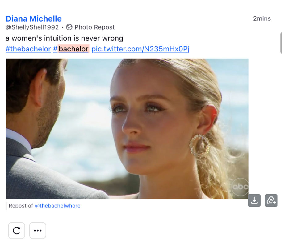 A tweet shows a scene with a close-up of The Bachelor contestant Daisy's face, and the tweet says "A women's intution is never wrong."