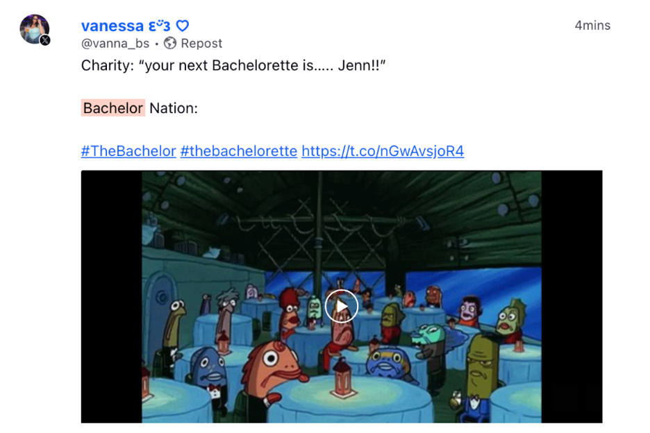 A tweet states: "Charity: your next Bachelorette is....Jenn!" and then "Bachelor Nation:" and a video from SpongeBob Squarepants of fish sitting at a diner looking disappointed.